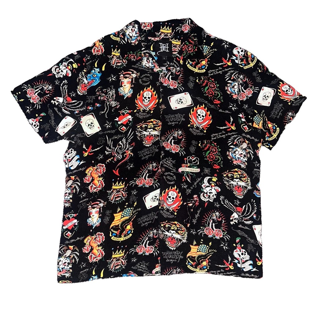 Ed Hardy Tattoo Style All Over Print Skulls Tigers Button Shirt Mens Medium M